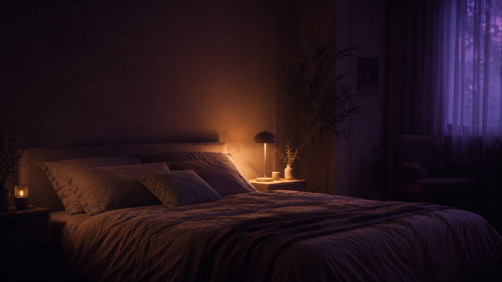 A cozy dark bedroom, a lamp glowing low, the room settling for sleep