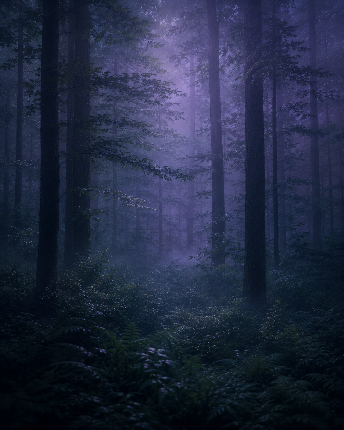 A misty forest in the dark