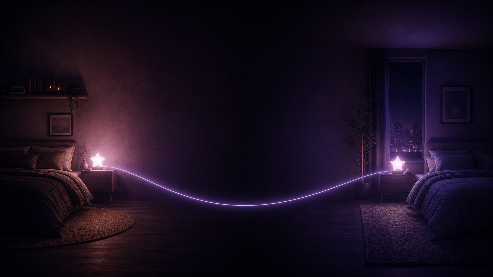 Two different bedrooms joined by a single glowing lavender thread between two matching star lamps